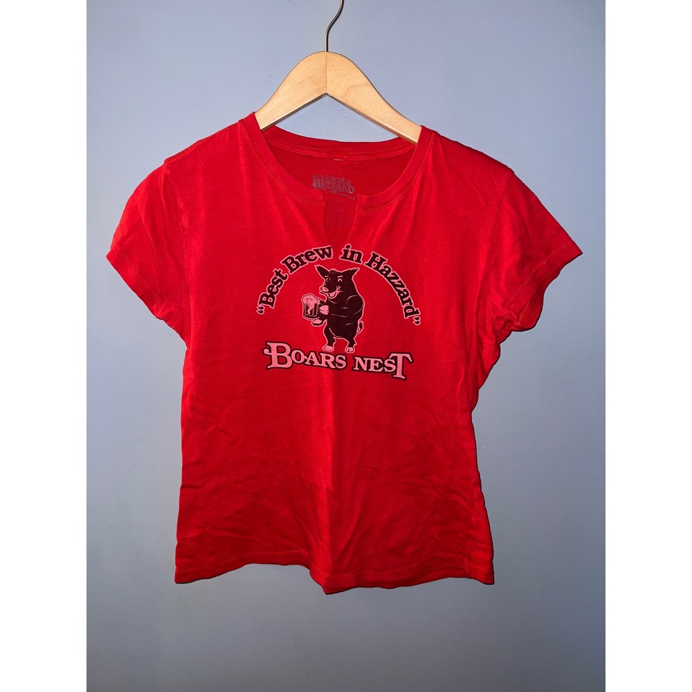Dukes of Hazzard Boars Nest Graphic Tee Red Split Neck Short Sleeve Shirt Large